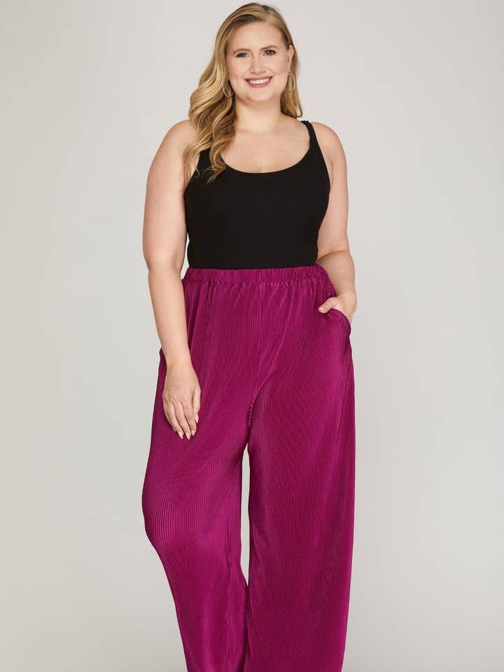 MAGENTA ELASTIC WAIST W/ POCKETS WIDE LEG PLUS SIZE PANTS for wholesale by Stylish Wholesale