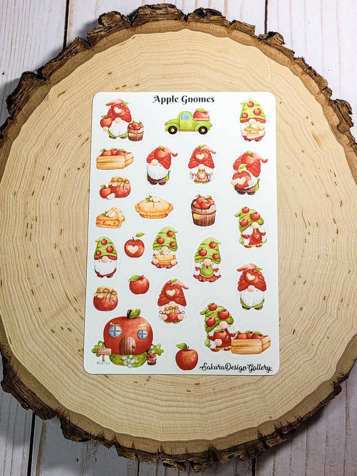 Feuille d'autocollants Gnome Pomme – Autocollants de planificateur fantaisistes pour la vente par Sakura Design Gallery