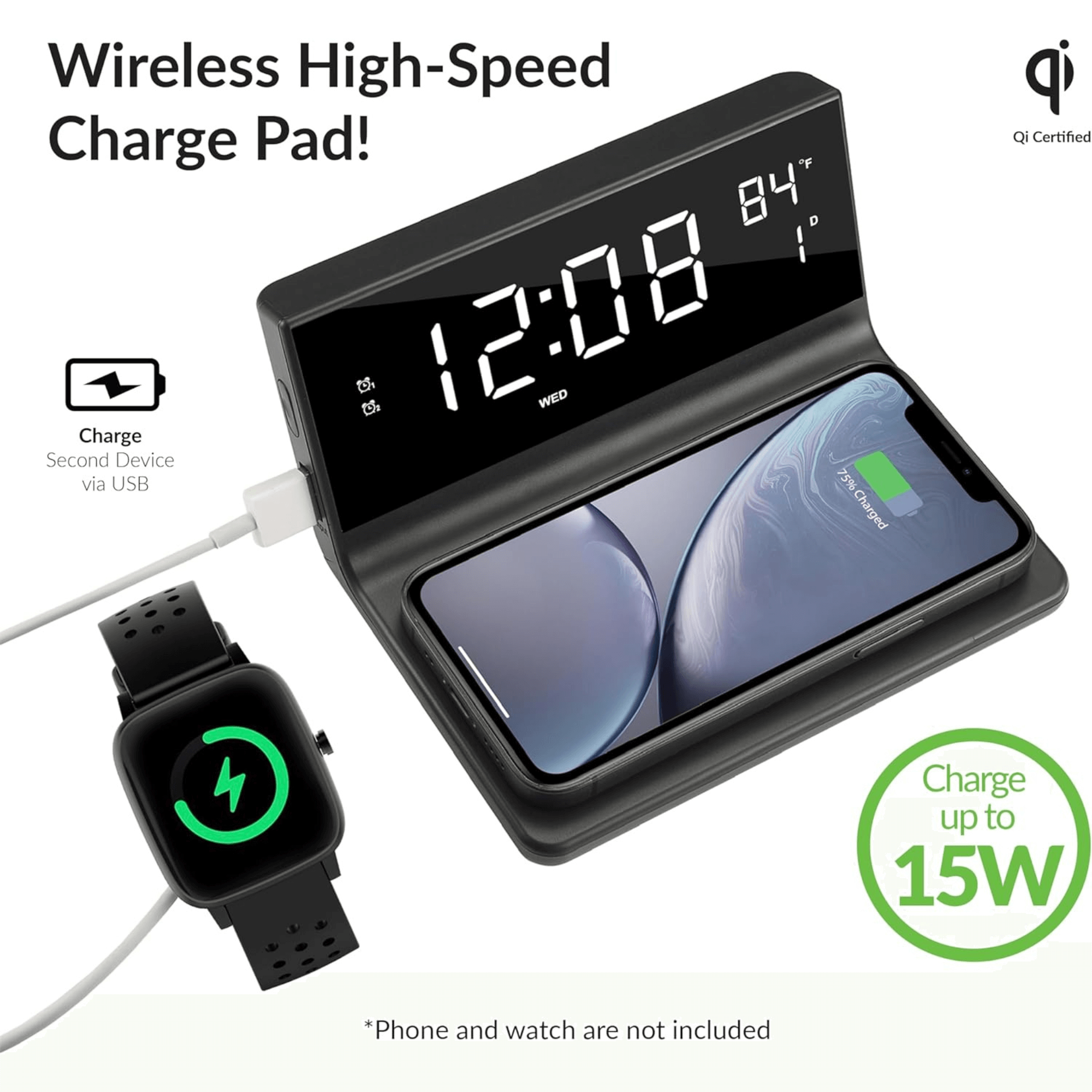 JupiterGear Home – wholesale Charging dock – Supersonic Dual Alarm Clock with 2-in-1 Wireless Charger2