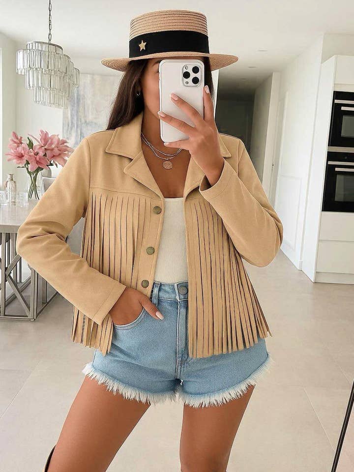 Montana Suede Fringe Jacket-Stone for wholesale by Catwalk Wholesale