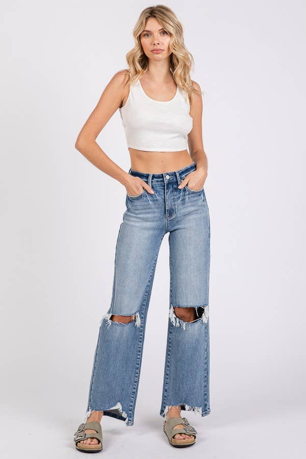 Petra153 - Wholesale Jeans - Women's - P1371W-MD HIGH RISE STRETCH SLIM WIDE LEG W/ DESTROYED HEM3