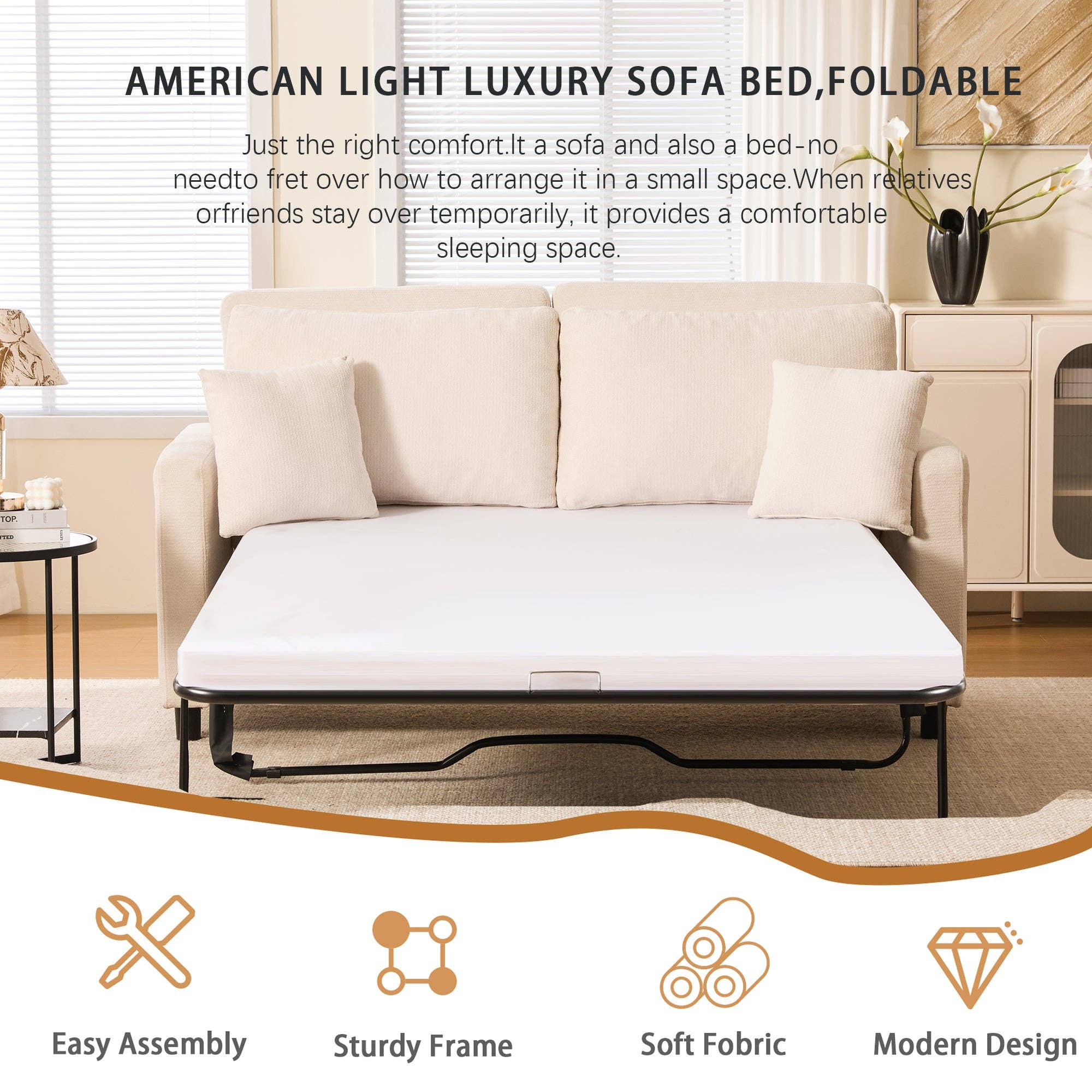 39F Inc. - Wholesale Sofa - Sleeper Sofa Bed, Pull Out Couch with Mattress, 81.5'' 2 Seater Upholstery Sectional Couches, Modern Linen Convertible Sofa, Living Room Furniture for Small Spaces, Apartment, Studio, Beige3