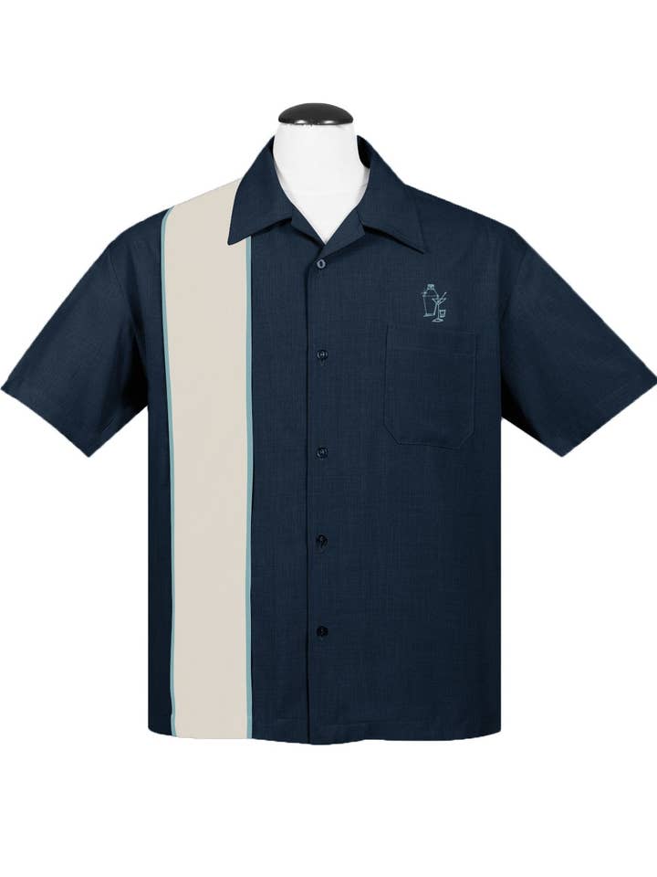 Camisa Palm Springs Cocktail Bowling en vaquera/crema/aguamarina para venta al por mayor de Steady Clothing