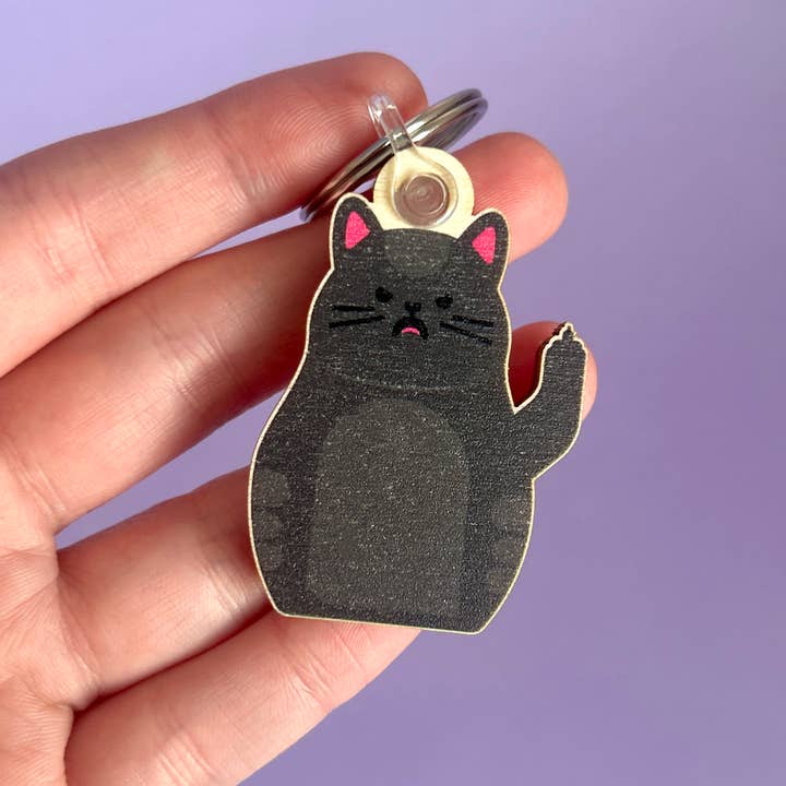 Jess Bright Design - Wholesale Keychain – Unisex - Angry Cat Sustainable Wooden Keyring