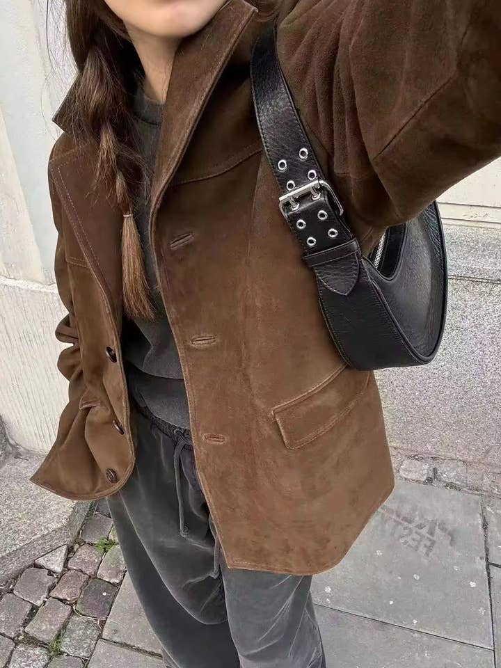 HIDDENBRAND - Wholesale Blazer - Women's - vintage oversized suede lapel blazer in brown22