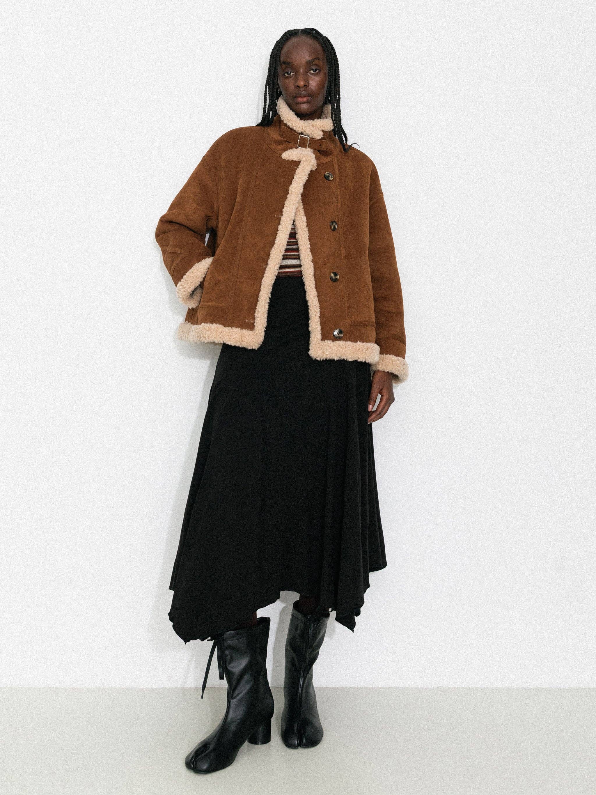 Marrón Chaqueta recortada oversize de piel sintética de borrego de venta al por mayor en Faire1