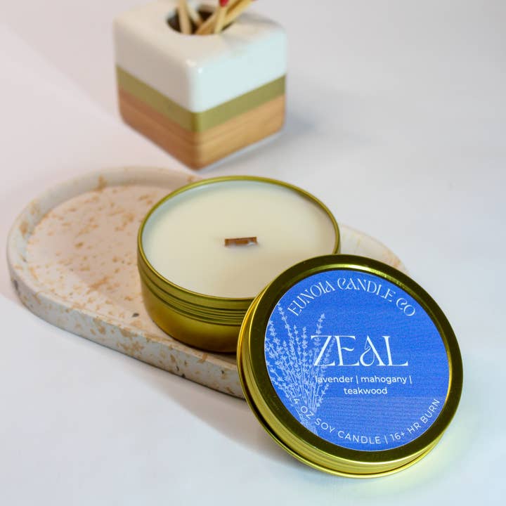 Zeal Soy Candle | 4 oz Gold Tin + Wood Wick for wholesale by Eunoia Candle Co.