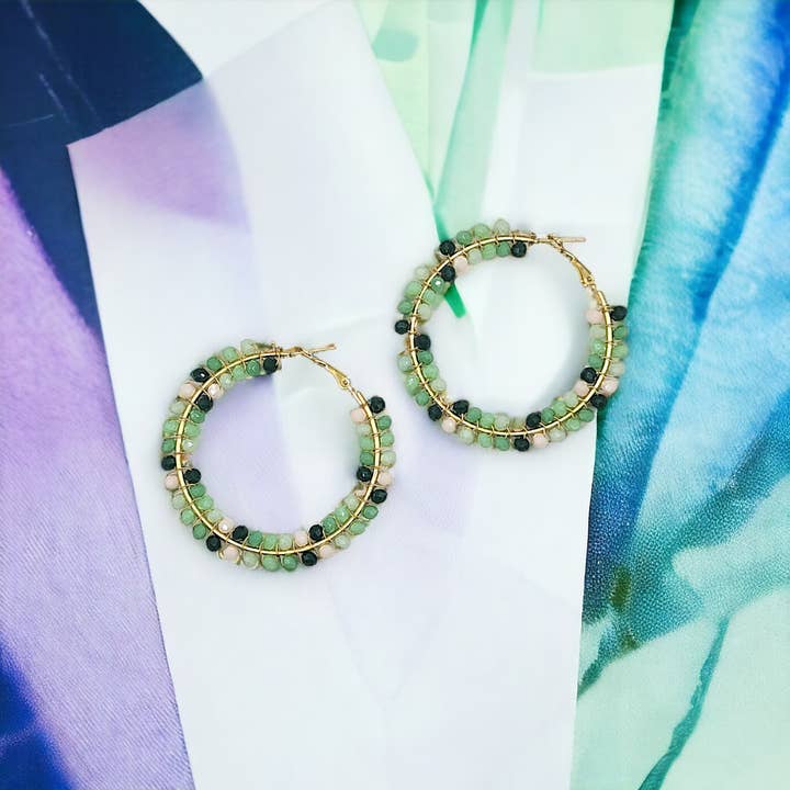 Narratives The Line - Wholesale Hoop Earrings - Green Ombre Mix Glass Beaded Hoop Earrings