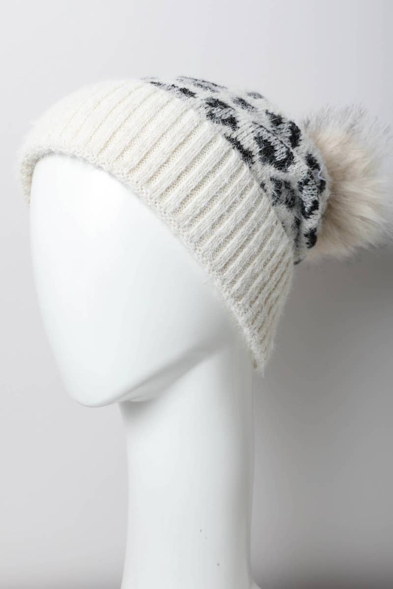 Leto Accessories - Vente Bonnet – femme - Bonnet tricot léopard avec pompon en fausse fourrure - 5 couleurs8