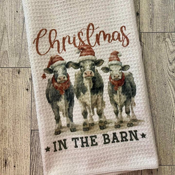 Christmas In The Barn Cows Waffle Weave Dish Towel Tea Towel for wholesale by Prairie Chicken Sticker Shop & Gifts