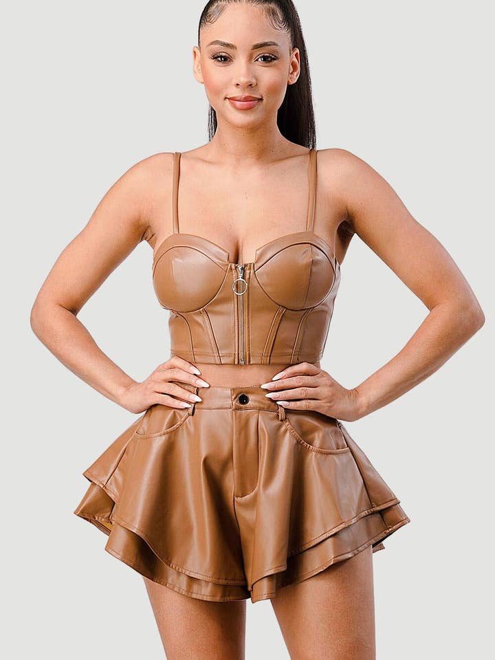 PS8685N FAUX LEATHER CORSET TOP AND FLARED SHORTS SET for wholesale by PRIVY