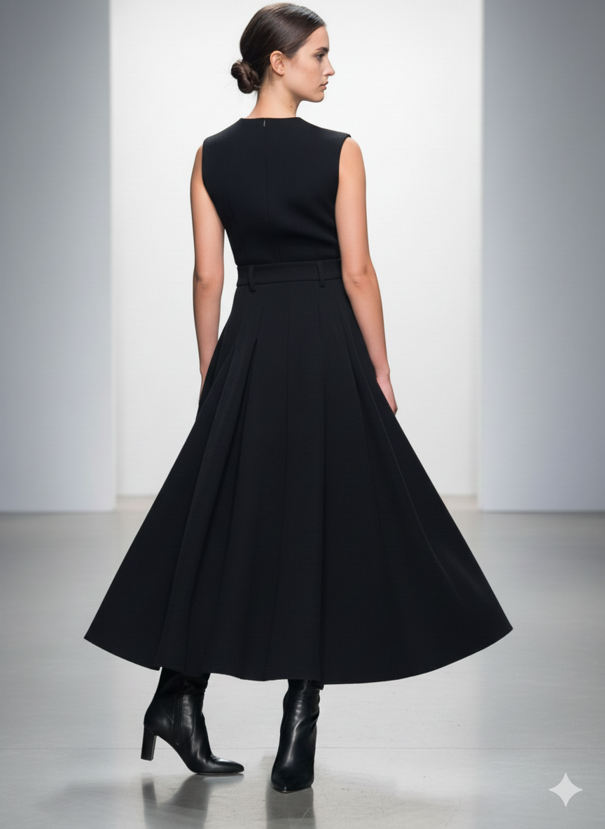 Black High Waist Pleated A-Line Skirt Wool Look Winter for wholesale on Faire3