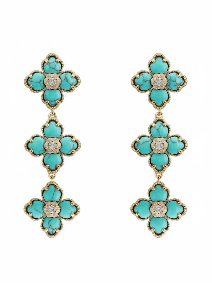 Flower Clover Triple Drop Earrings Arizona Turquoise Gold for wholesale by Latelita