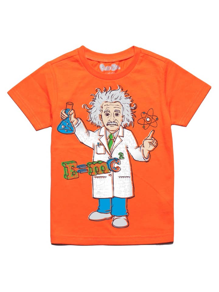 Educatief S/S Einstein T-shirt voor peuters in oranje voor wholesale door Peek-A-Zoo
