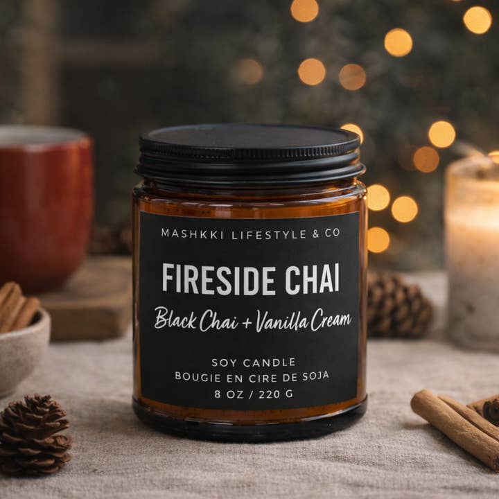 Mashkiki Lifestyle & Co. - Wholesale Jar/Filled Candle - Fireside Chai | Black Chai + Vanilla - 8oz. Amber Candle