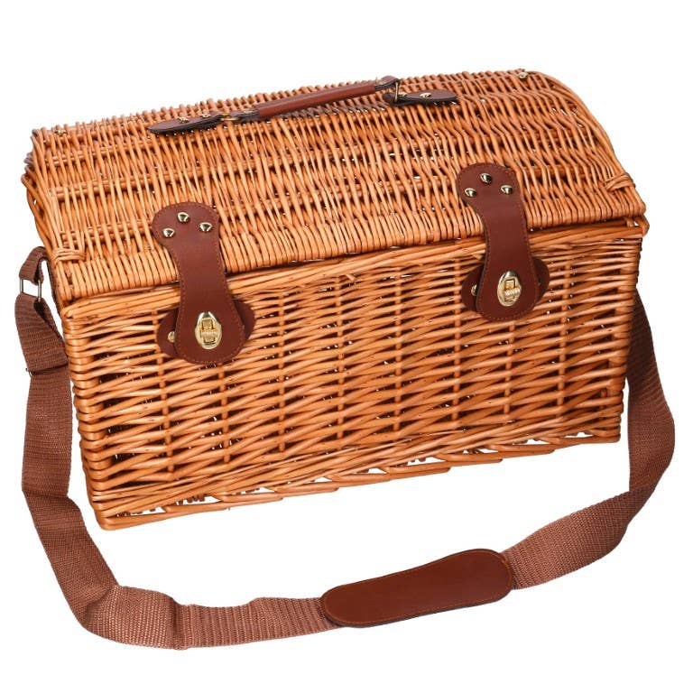 Natural Cesta de picnic bombé rectangular de mimbre con correa para el hombro de venta al por mayor en Faire7