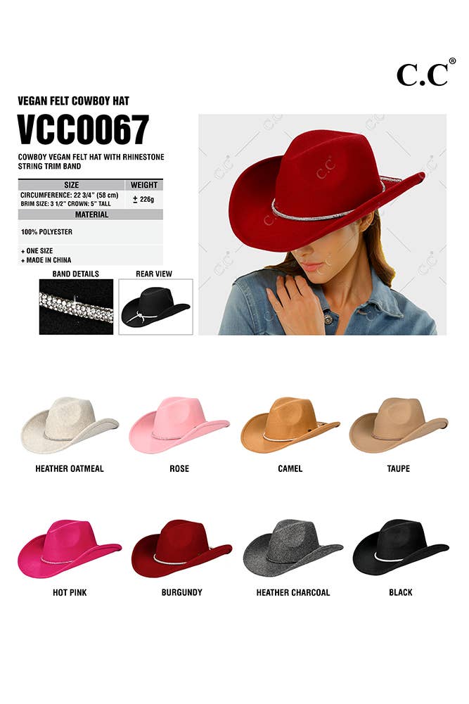 Hana – Chapéu de cowboy - Mulher por atacado – Chapéu de Feltro Vegano C.C Cowboy com Faixa de Strass9