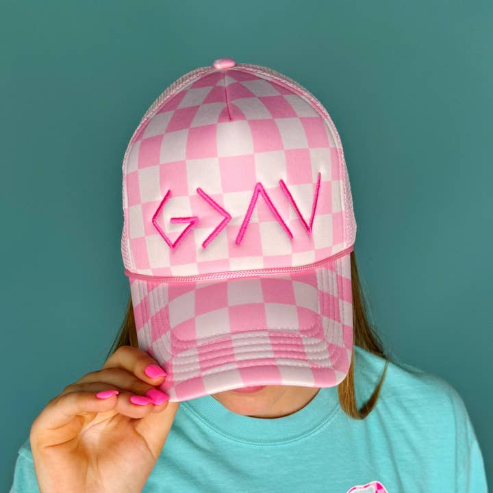 Poppy & Pine - Wholesale Trucker Hat - Women's - God is Greater Than Highs and Lows Checkered Trucker Hat