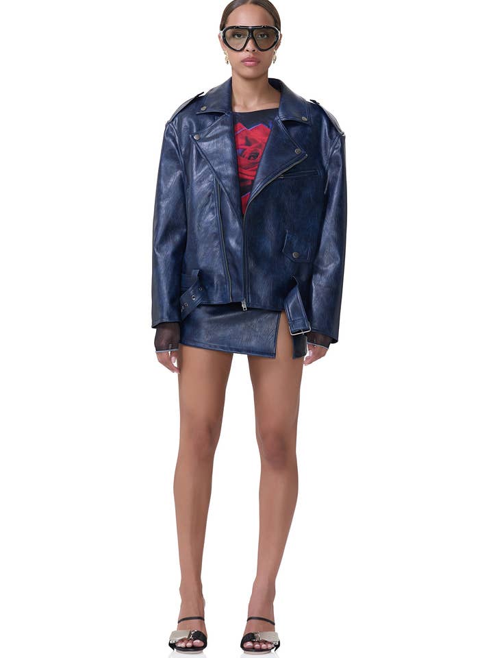 Blaise Moto Jacket - Navy Distressed for wholesale by AFRM