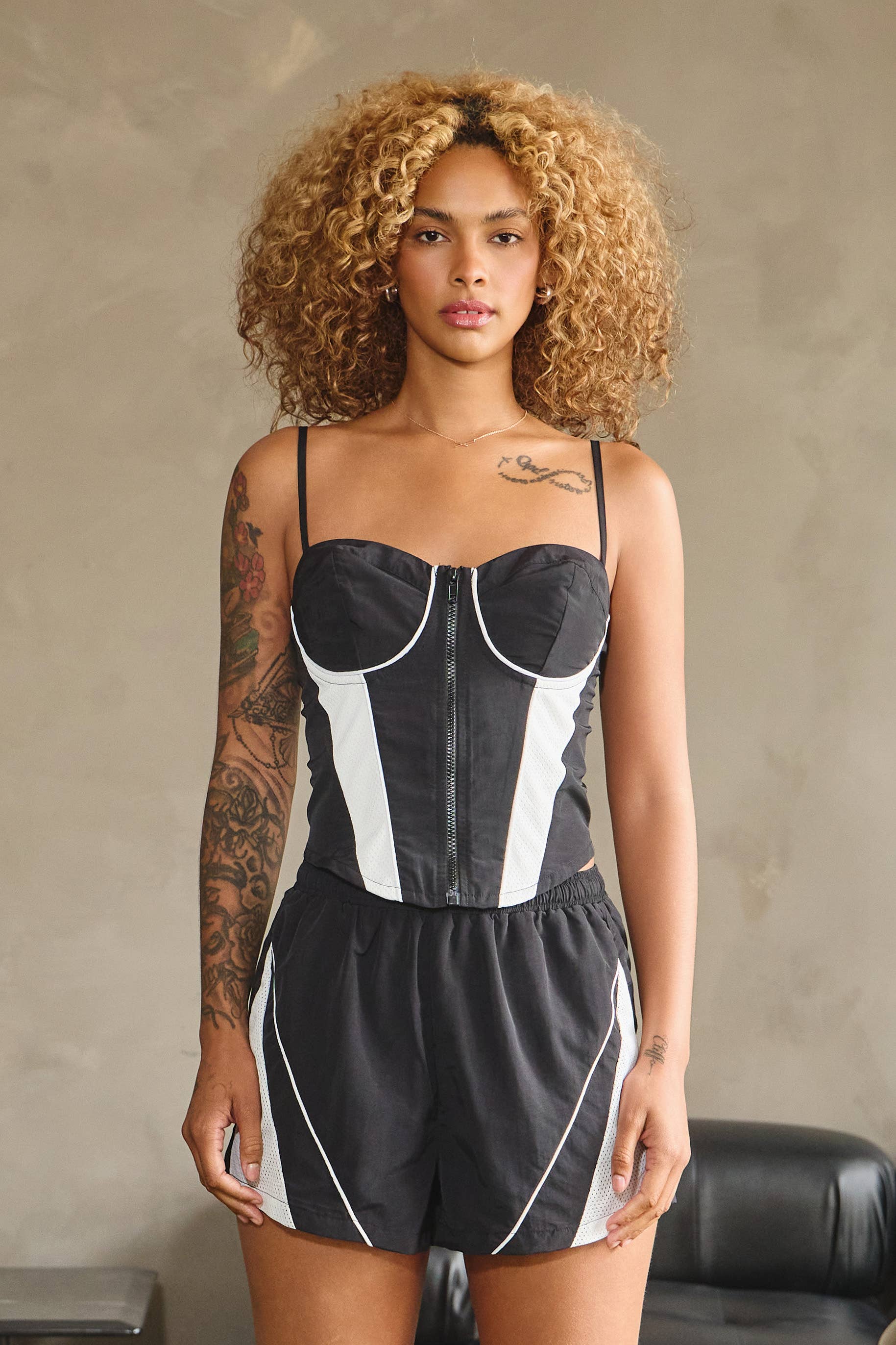 Black Nylon & mesh contrast zip-up cami top for wholesale on Faire1