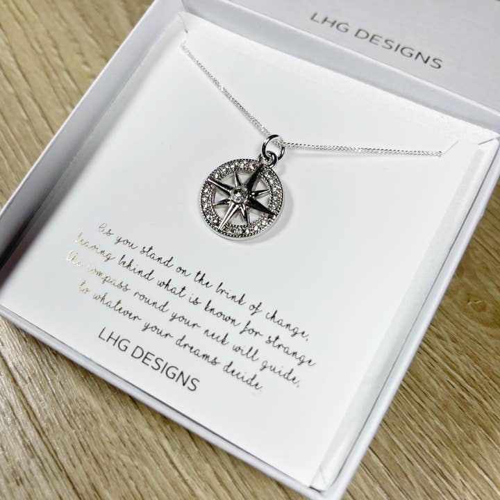 Diamond Compass Necklace, Travel jewellery, Dainty Compass Necklace, Graduation Gift, Sterling Silver Compass Necklace, Christmas Gift for wholesale by LHG Designs