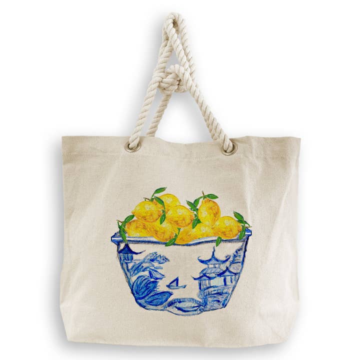 French Graffiti - Vente Torchons - Bol bleu et blanc avec citrons6