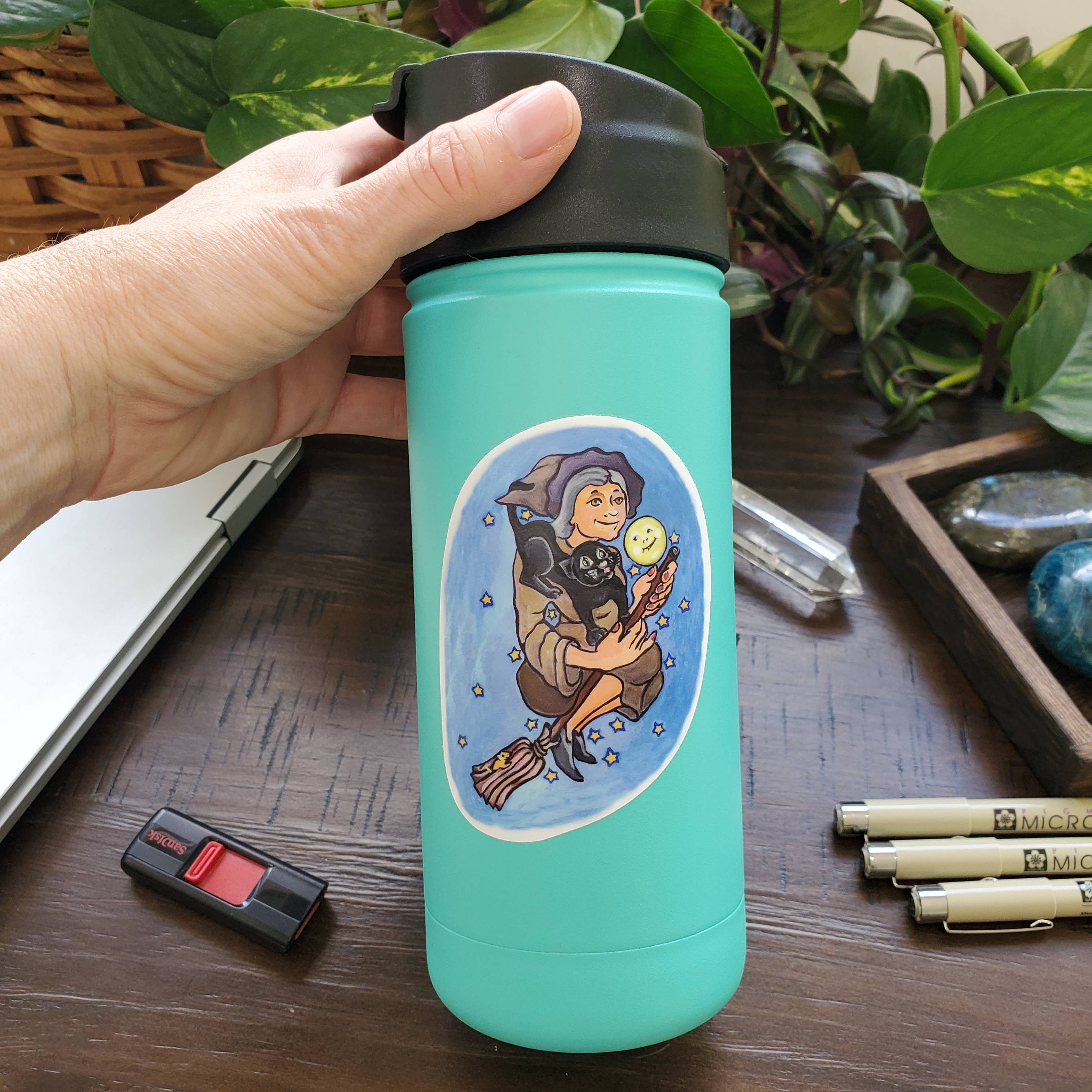 River Village – wholesale Sticker – The Witch and Her Cat Sticker, 3.5 inches tall3