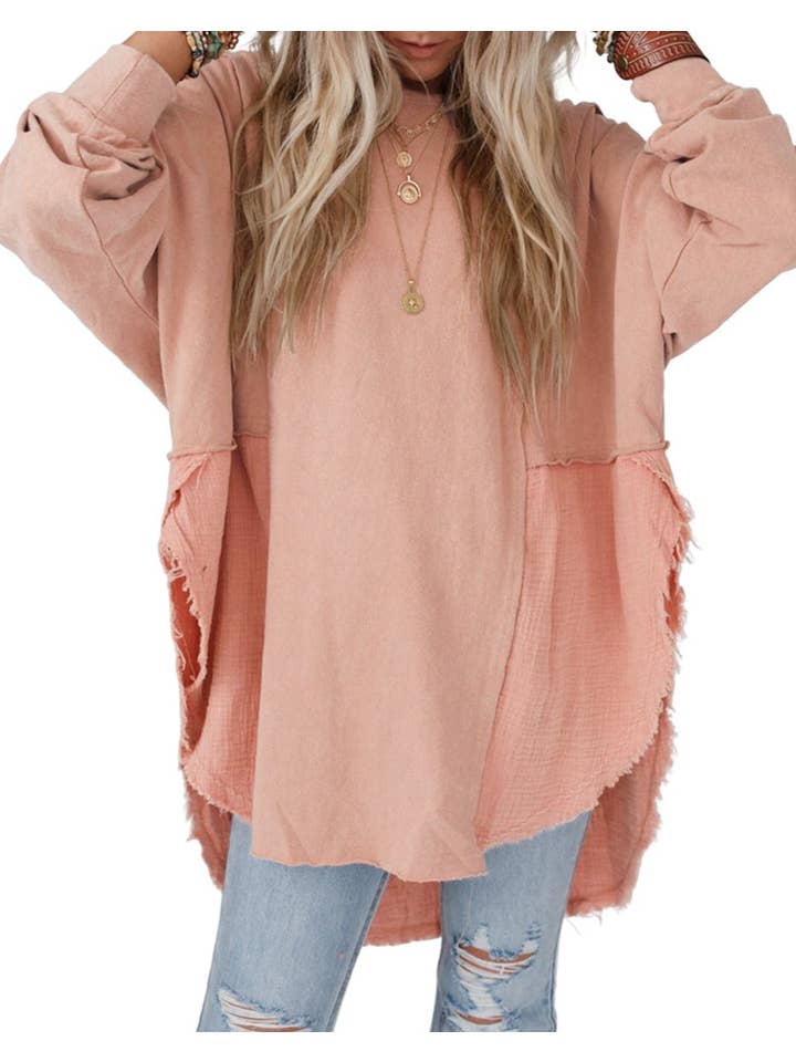 PRETTY BASH - Wholesale Tunic - Women's - Crinkle Patchwork Raw Edge Blouse