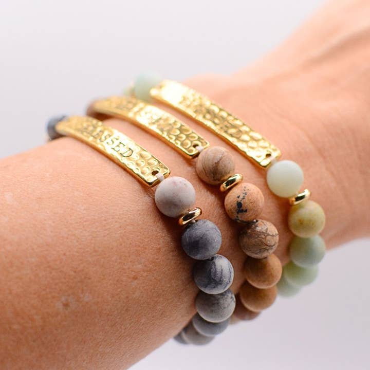 Two and Crew - Wholesale Charm/Dangle Bracelet - BLESSED stone stretch inspirational religious bracelet