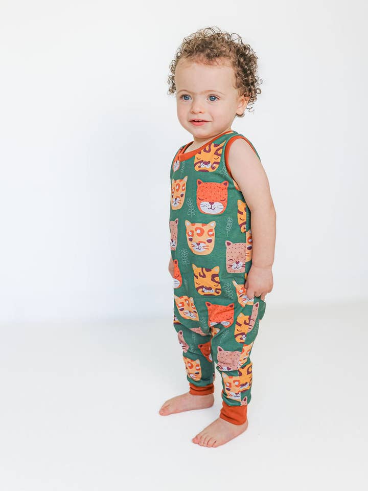 Organic Baby Dungarees - Romper - Big Cats for wholesale by Tutti Frutti clothing