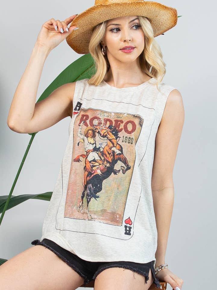 AV079-KEITH VINTAGE WESTERN GRAPHIC SLEEVELESS TOP for wholesale by Avery