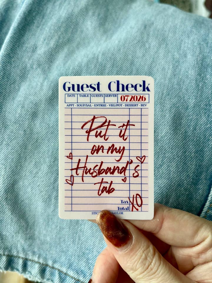 Put it on My Husband’s Tab Guest Check Pink Vinyl Sticker for wholesale by Stickers by Saylor