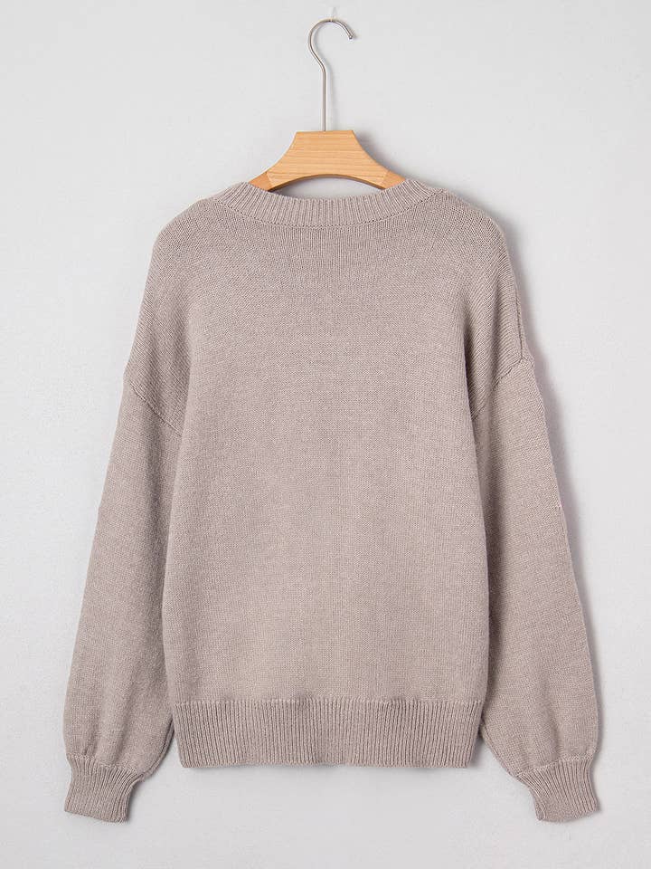 Simply Taupe Floral Embroidered Sleeve Round Neck Sweater for wholesale on Faire1