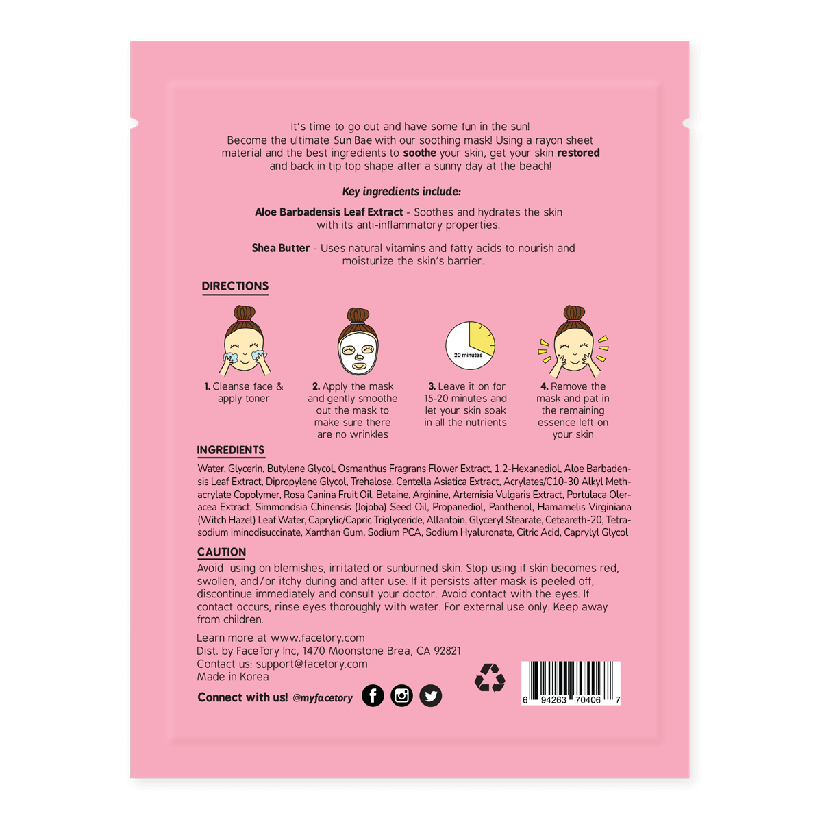 FaceTory - Wholesale Skincare Face Mask - Sheet Face Mask - Korean Beauty - Soothing Aloe - Sun Bae4