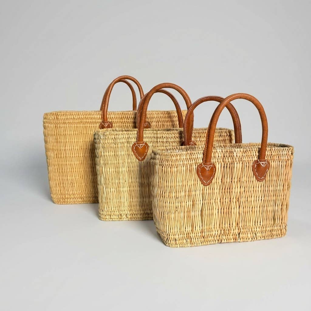 Melecraft - Wholesale Basket - Reed Market Basket Leather Handles - Natural Woven Tote Bag11