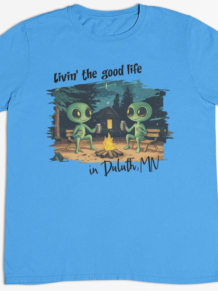 Camiseta de fogata con alienígena lindo (azul) - Añade tu ubicación para venta al por mayor de Zombie Paws