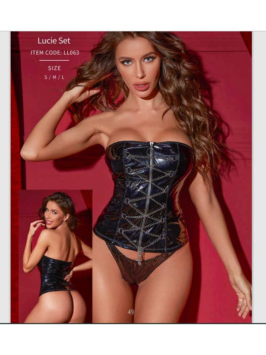 Ladies Black Patent Leather Zip Front Corset w/ Chains for wholesale on Faire