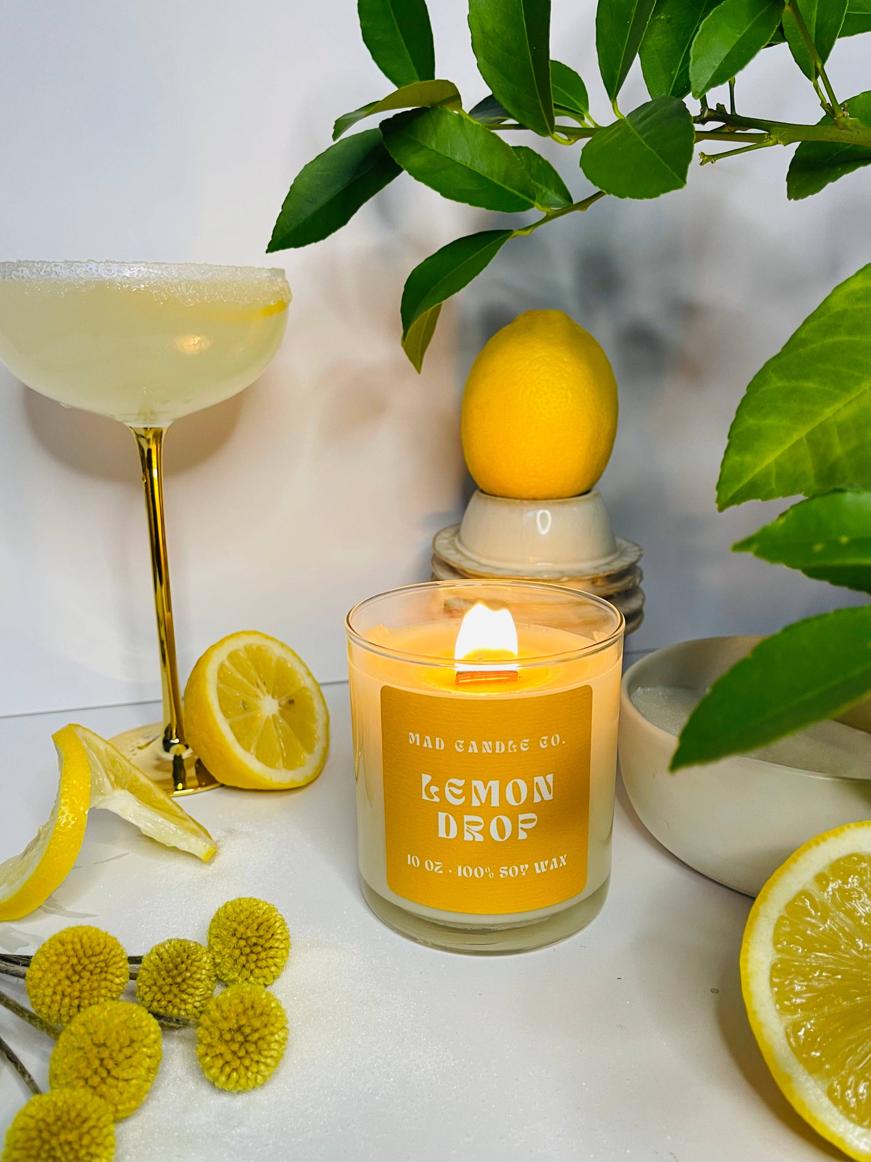 Mad Candle Co. - Vente Bougie en bocal - Bougie de soja Lemon Drop - Bocal en verre de 10 oz et mèche en bois
