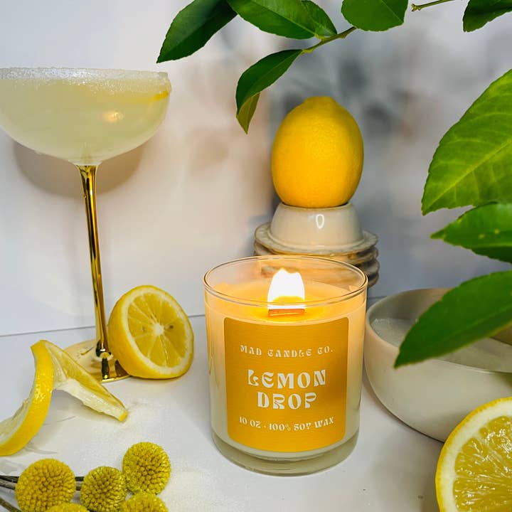 Mad Candle Co. - Vente Bougie en bocal - Bougie de soja Lemon Drop - Bocal en verre de 10 oz et mèche en bois0