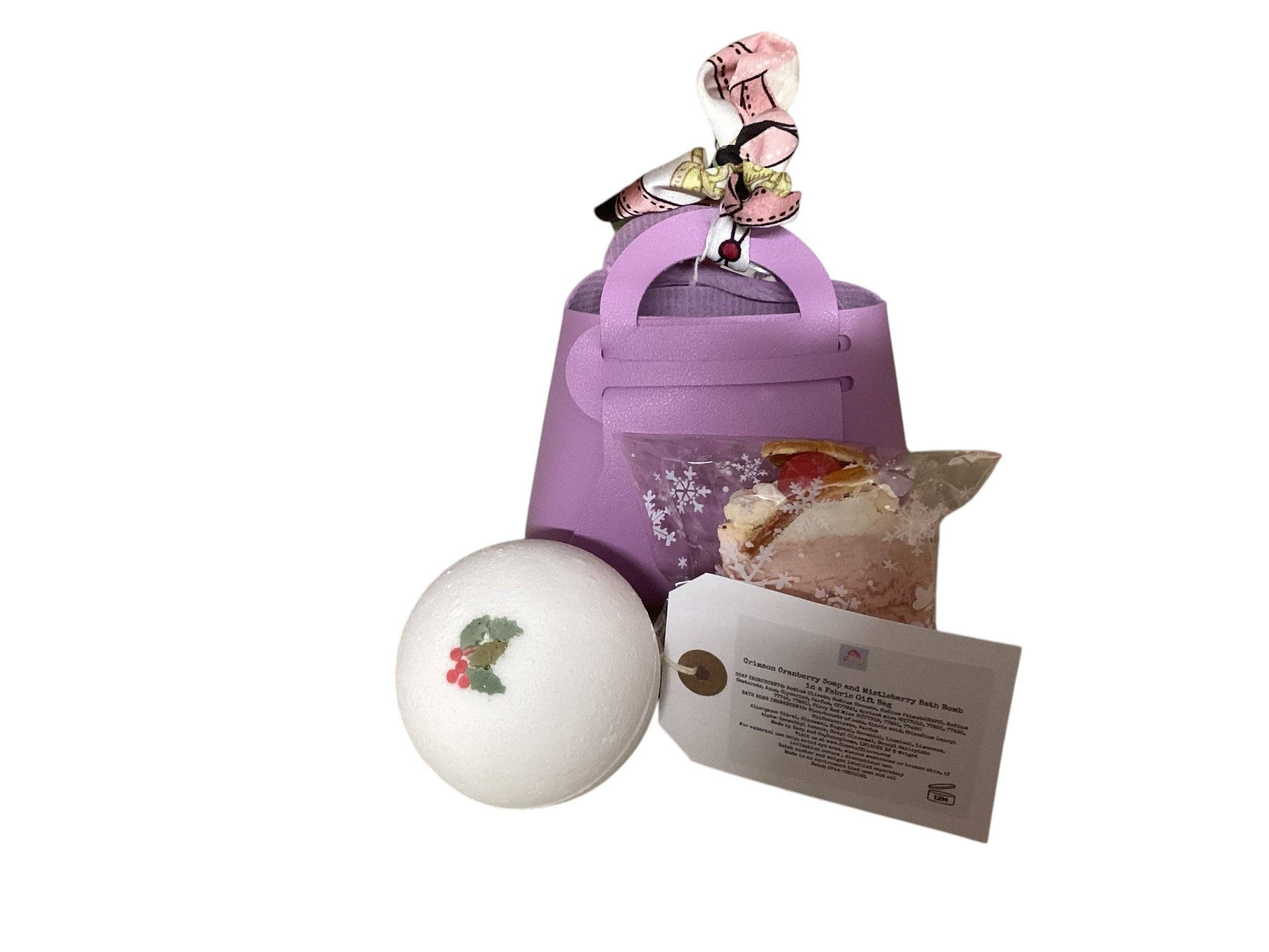The Stuff I Love - Wholesale Bath & Body Set - Mistleberry Bath Bomb and Soap in a Lilac Fabric Handbag Gift Bag, Chic Ladies Gift1