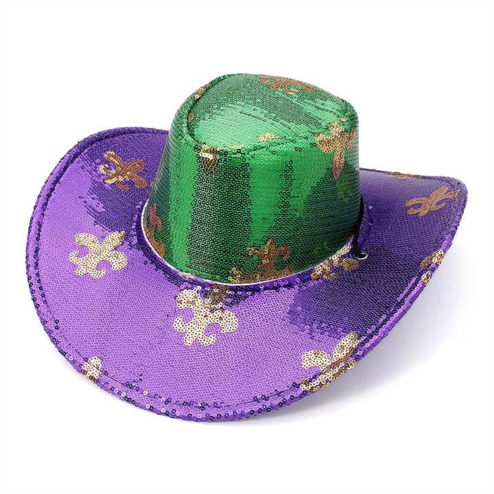 Sequin Fleur de Lis Patterned Mardi Gras Fedora Hat for wholesale by Madeline Love