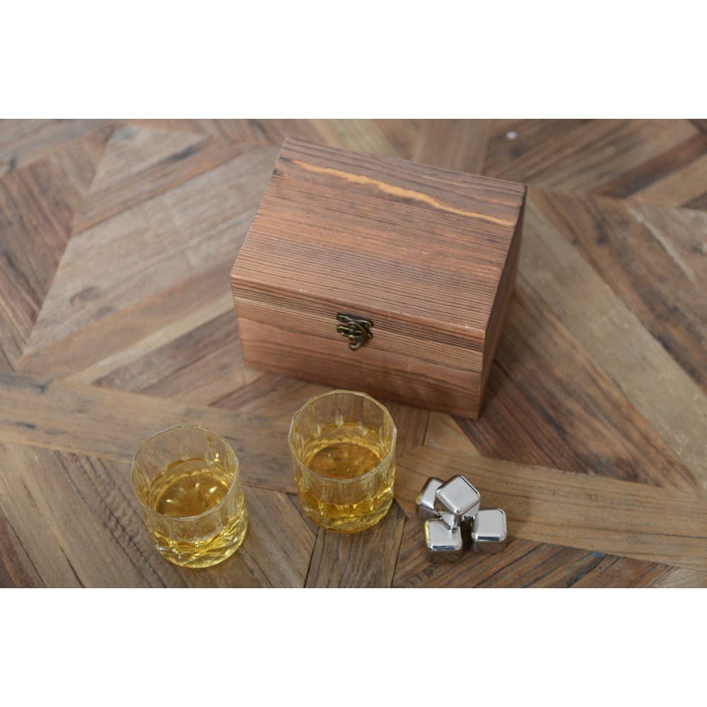 AULICA - Wholesale Cocktail/Liquor Glass - Wooden whisky box with 2 glasses, ice bag, and tongs3