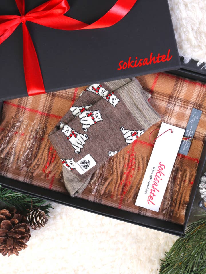 Alpaca wool checkered scarf and CUTE BEAR socks gift box for wholesale by Sokisahtel I BestSockDrawer