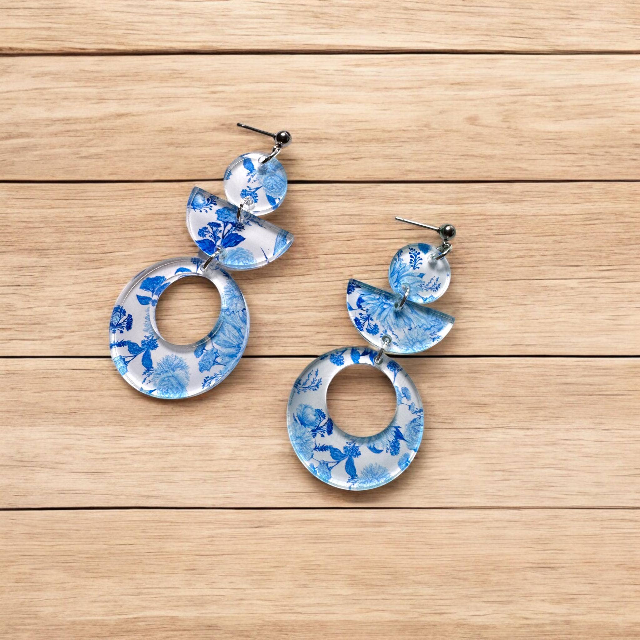 Fish Towne Designs, LLC - Wholesale Dangle Earrings - Santorini-Inspired Blue Floral Acrylic Statement Earrings1