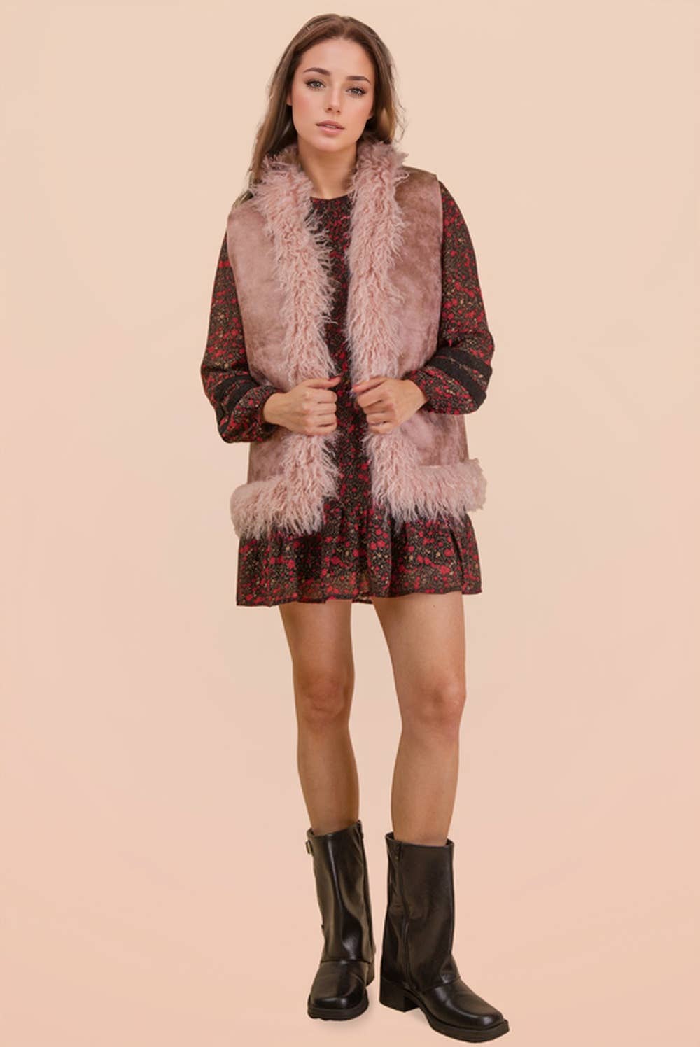 VERY J - Vente Veste sans manches – femme - NJ90398-Gilet Bohème en Suédine Sherpa avec Fausse Fourrure4