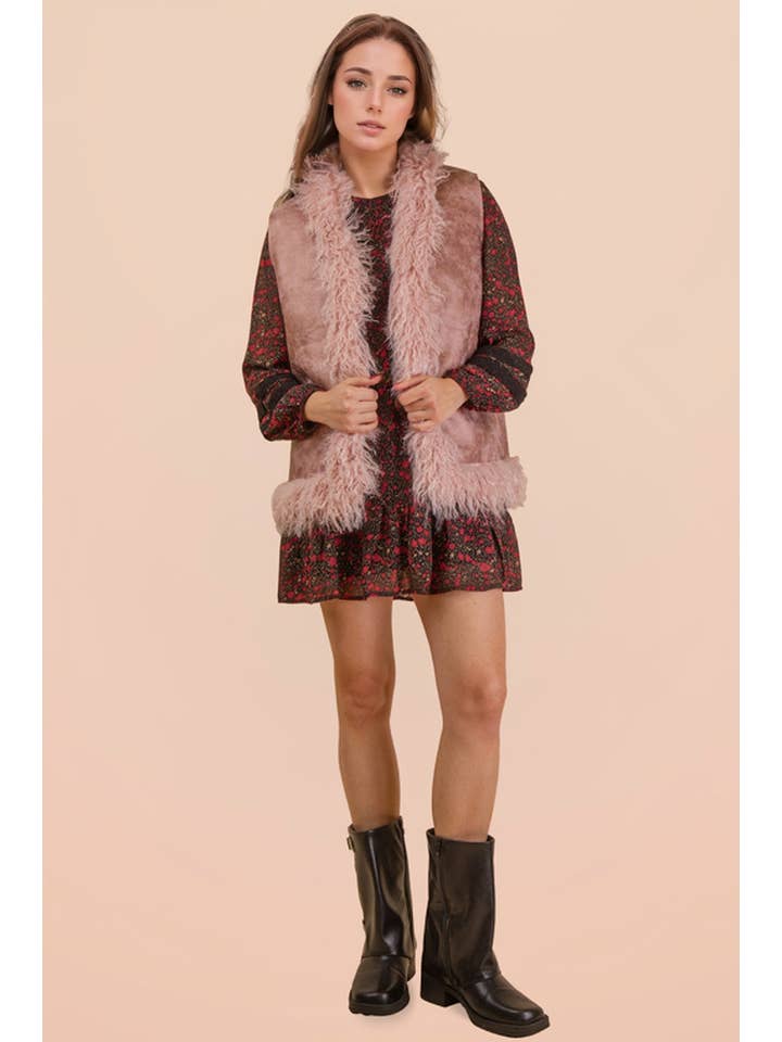 VERY J - Vente Veste sans manches – femme - NJ90398-Gilet Bohème en Suédine Sherpa avec Fausse Fourrure4