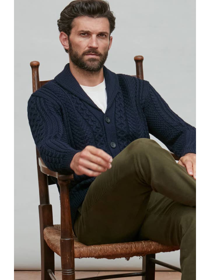 Paul James Knitwear - Wholesale Cardigan - Men's - Mens Chunky Merino Wool Shawl Collar Cable Cardigan7