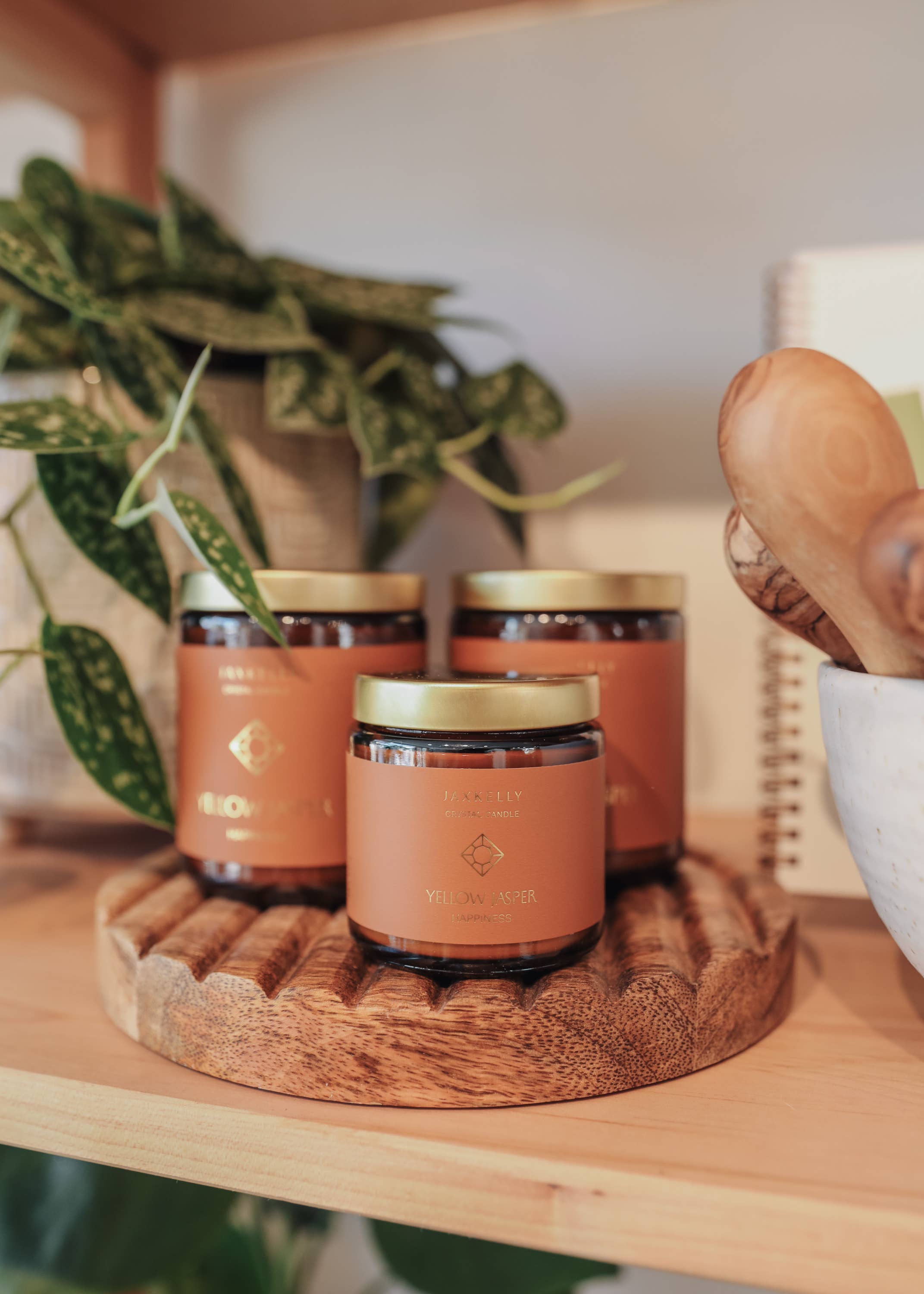 JaxKelly Candles - Wholesale Jar/Filled Candle - 4oz Amber Crystal Candles - Yellow Jasper  - Happiness5