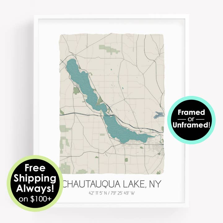 Chautauqua Lake NY Map Poster, Custom City Watercolor Art for wholesale by Sparks House Co.