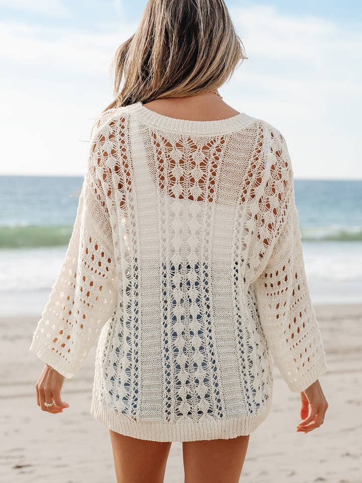 White Hollow Out Knit Bracelet Sleeve Drop Shoulder Sweater for wholesale on Faire